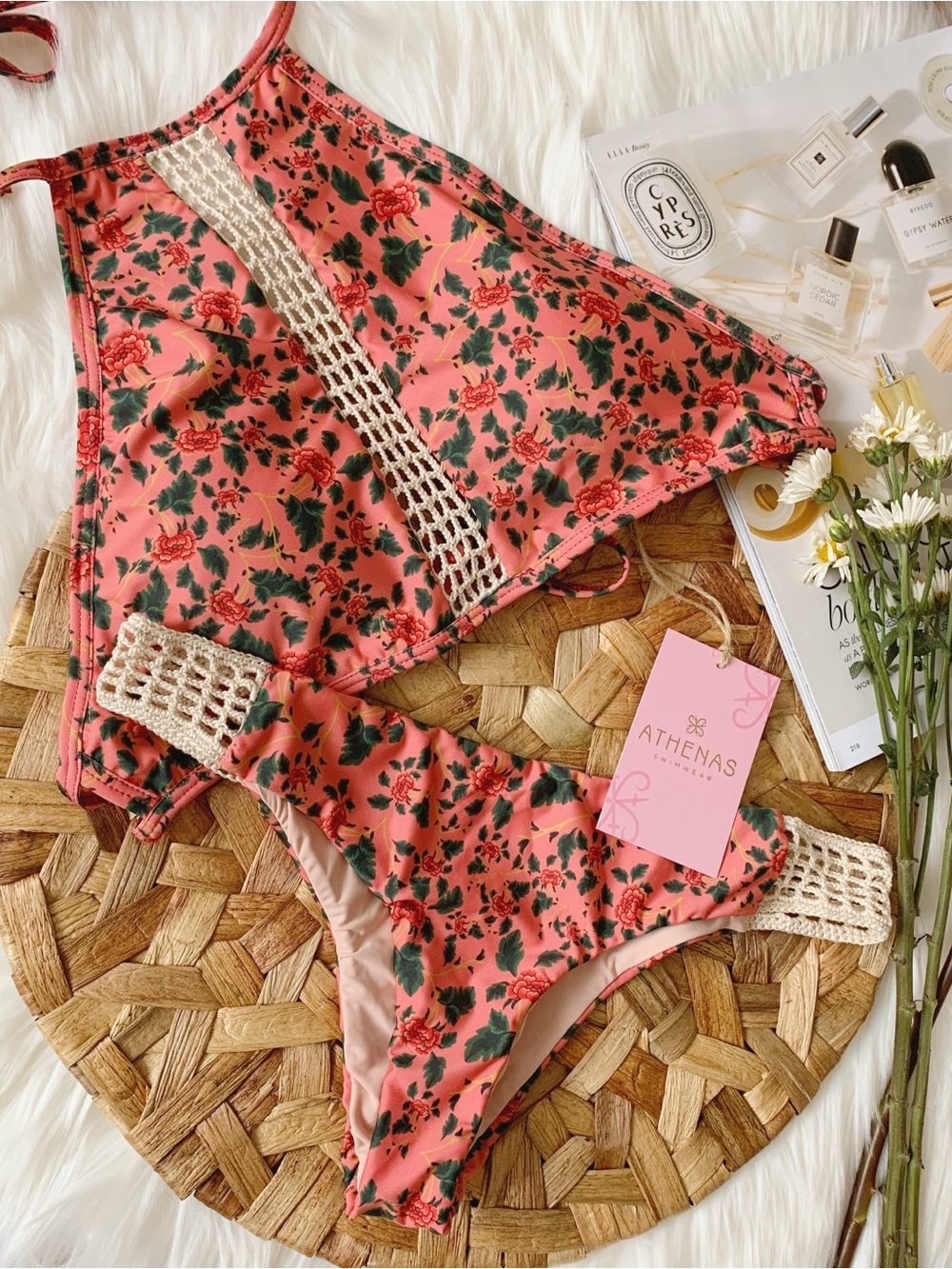 Athenas Swimwear Floral Handmade Crochet-Trim Halter Bikini Set - Red S
